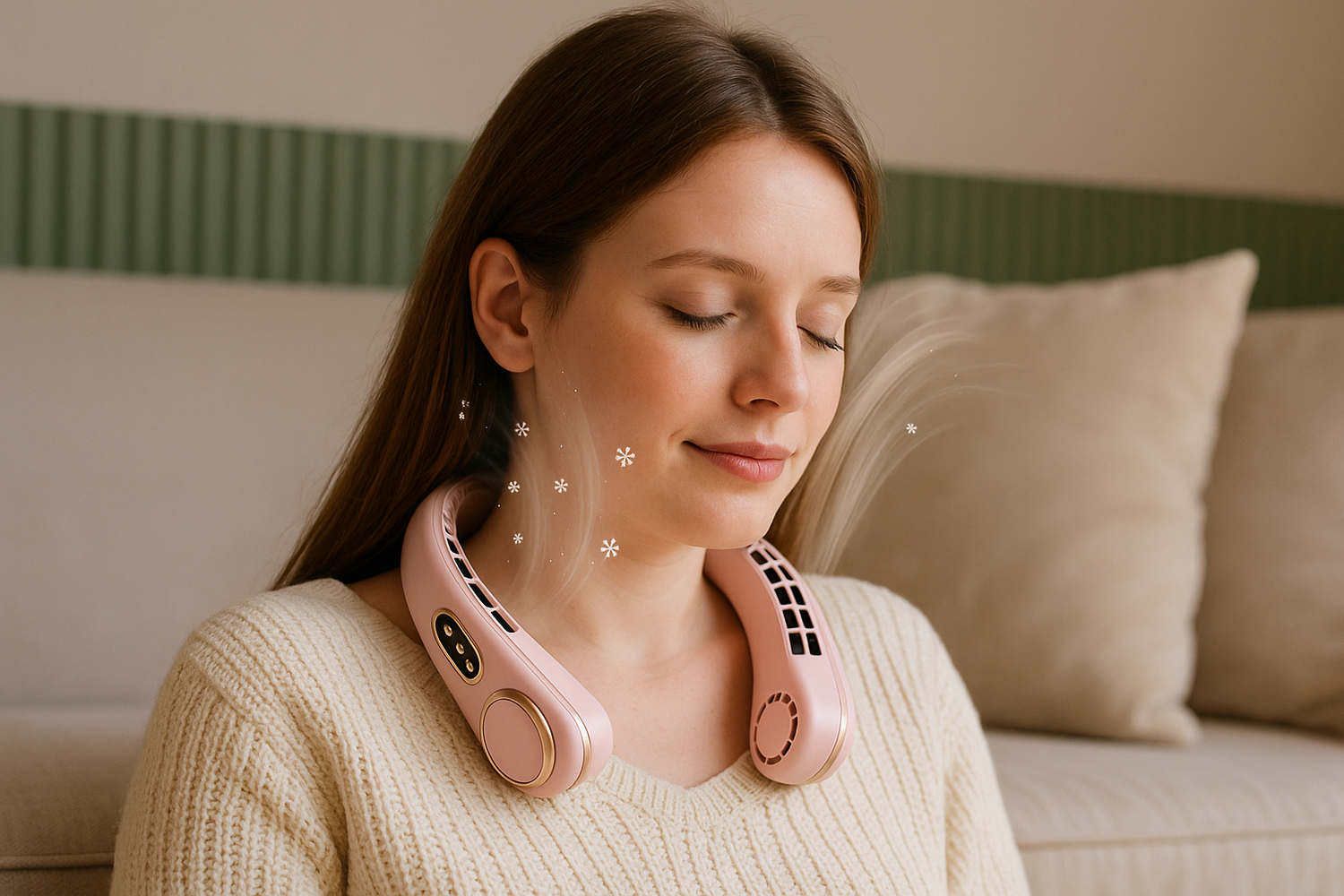 Femme européenne avec ventilateur de cou rose